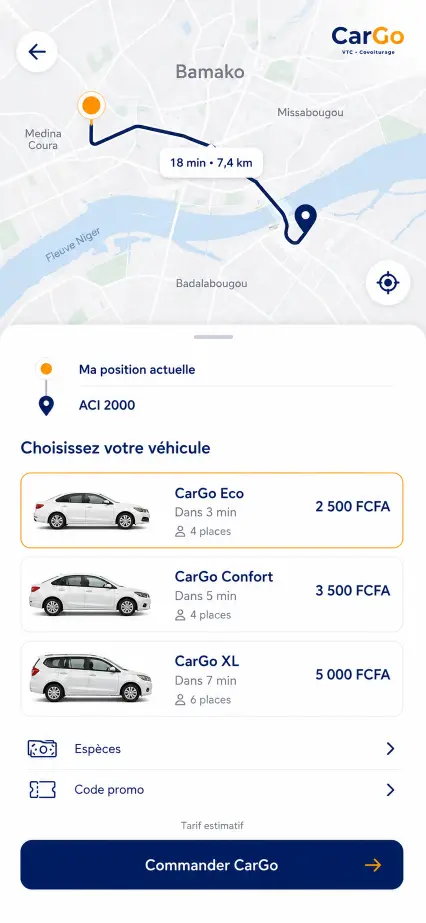 Écran CarGo présentant l’estimation et les catégories de véhicules