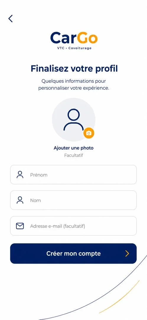 Écran de création de profil CarGo