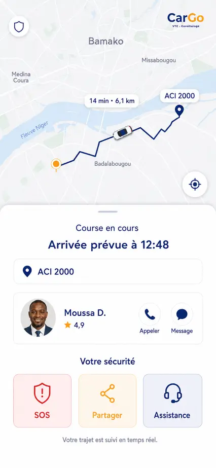 Écran CarGo présentant la sécurité pendant une course